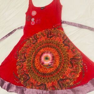 Vibrant Red Sleeveless Dress with Colorful Mandala Design